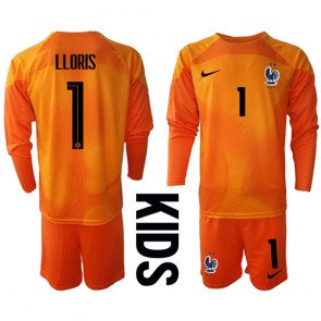 Frankrike Hugo Lloris #1 Målvakt Hemmatröja Barn VM 2022 Långärmad (+ korta byxor)